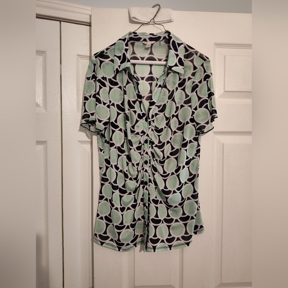 Cato XL Sheer Blouse Mint Green Black White Geometric Circle Print Button Top